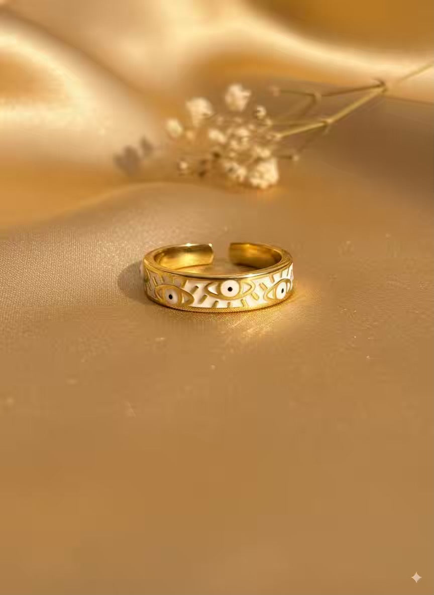White Evil Eye Gold Plated Premium Ring (Adjustable)