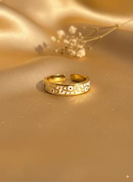 White Evil Eye Gold Plated Premium Ring (Adjustable)