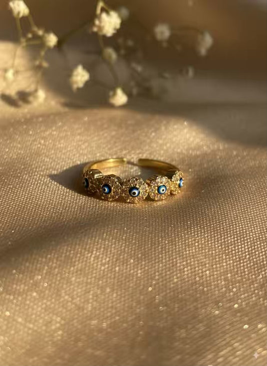 Flower Evil Eye Gold Plated Premium Ring (Adjustable)
