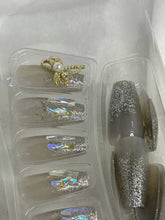 Load image into Gallery viewer, Grey Bows Shimmery Fancy Party Bridal Press On Nails ( Set of 24 )
