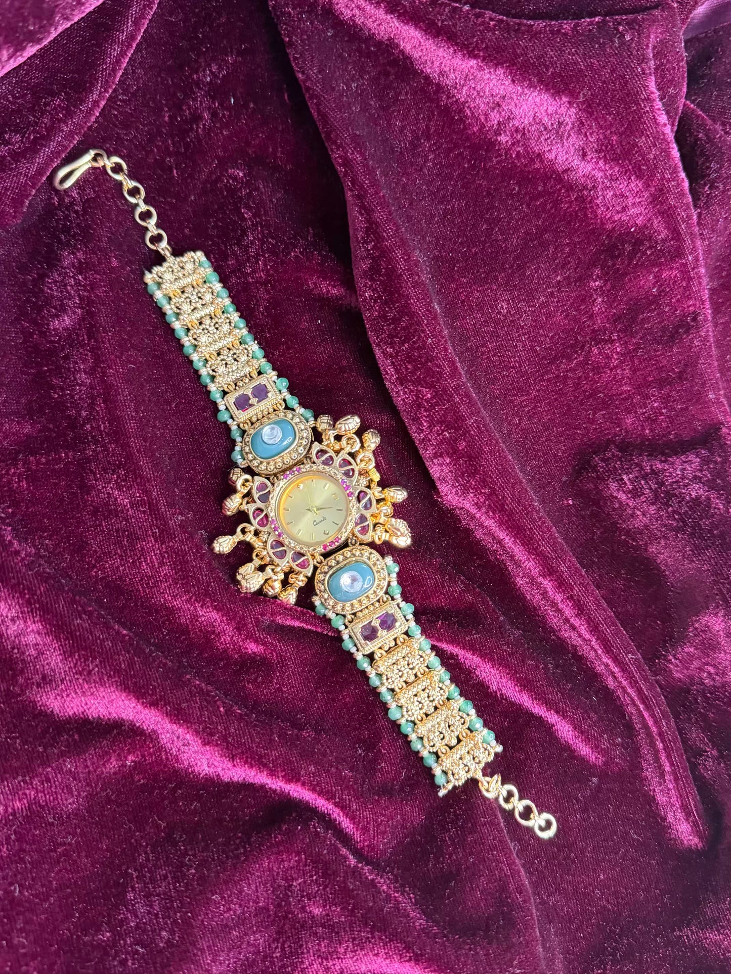 Queen Temple Motif Ruby Kundan Gold Plated Heritage Maharani Watch