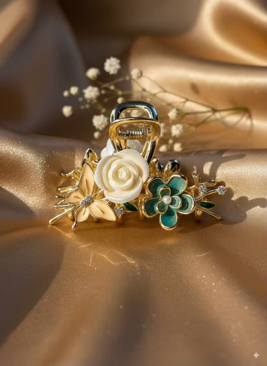 Turquoise White Rose Premium Claw Clip - Gold Plated