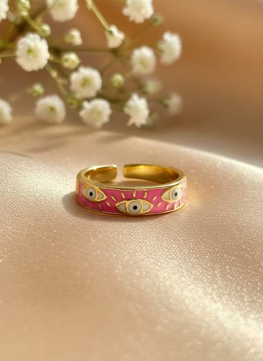 Pink White Evil Eye Gold Plated Premium Ring (Adjustable)