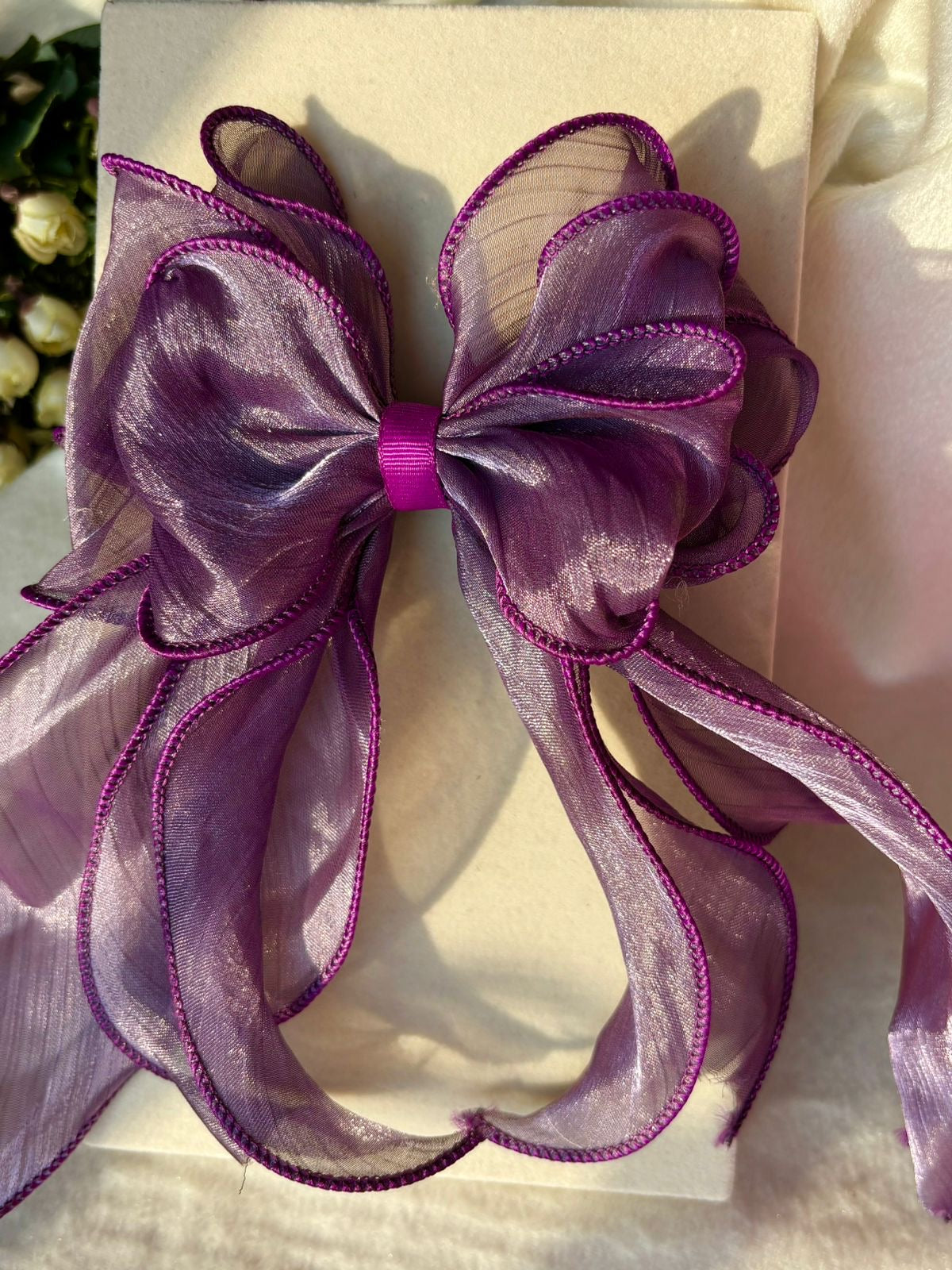 Layered Princess Hair Bow Clip For Women ( Purple Bougain Villea Netted )