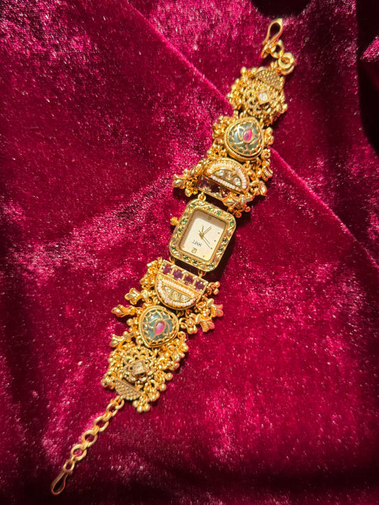 Swarn Mohini Temple Motif Ruby Kundan Gold Plated Heritage Maharani Watch ( Partial COD 200₹ )