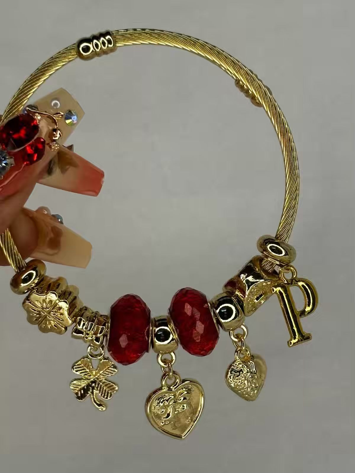 Pandora Charms Maroon Heart Bracelet With Customised Initial  ( Gold )