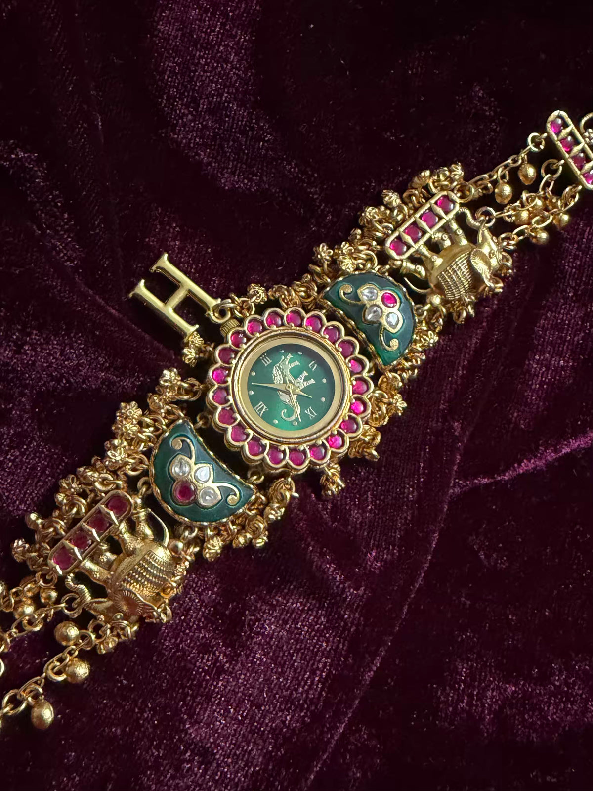 Green Elephant Dial Maharani Watch Design Heritage Bracelet (Customise FREE Initial )