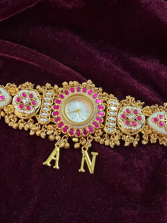 Creamy Kundan Gold Plated Heritage Maharani Watch Design Bracelet