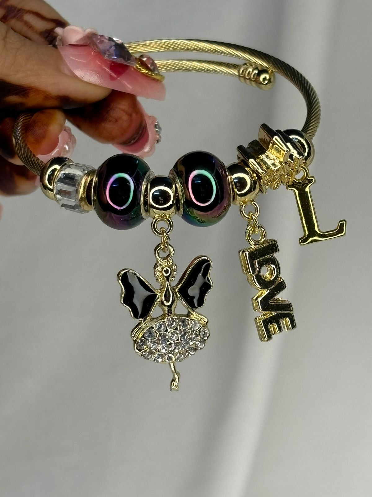 Pandora Charms Black Fairy Bracelet With Customised Initial ( Gold )