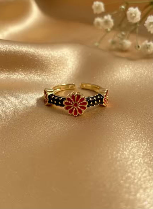 Red Black Sunflower Gold Plated Premium Ring (Adjustable)
