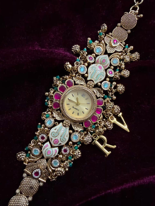 Pink Kundan Premium Gold Maharani Watch Design Heritage Bracelet