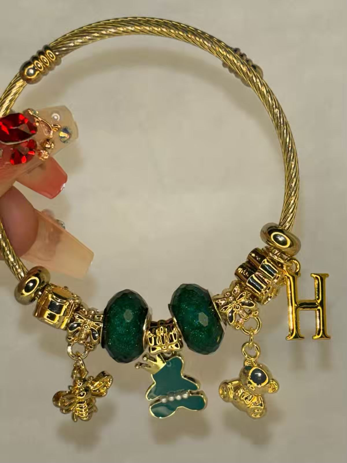 Pandora Charms Green Teddy Bracelet With Customised Initial  ( Gold )