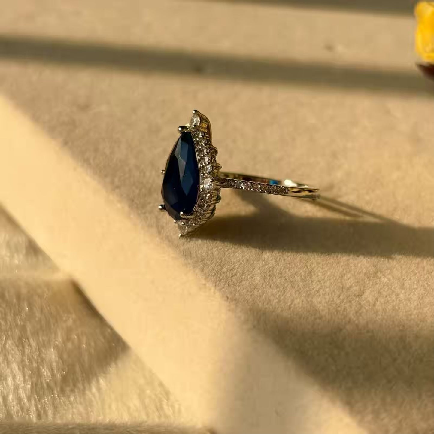Drop Style Blue Sapphire Stones Adjustable Ring Silver Plated