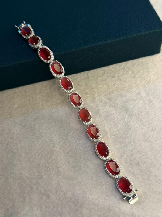 Flat Oval Red Ruby Doublet Silver Plated Tennis Bracelet