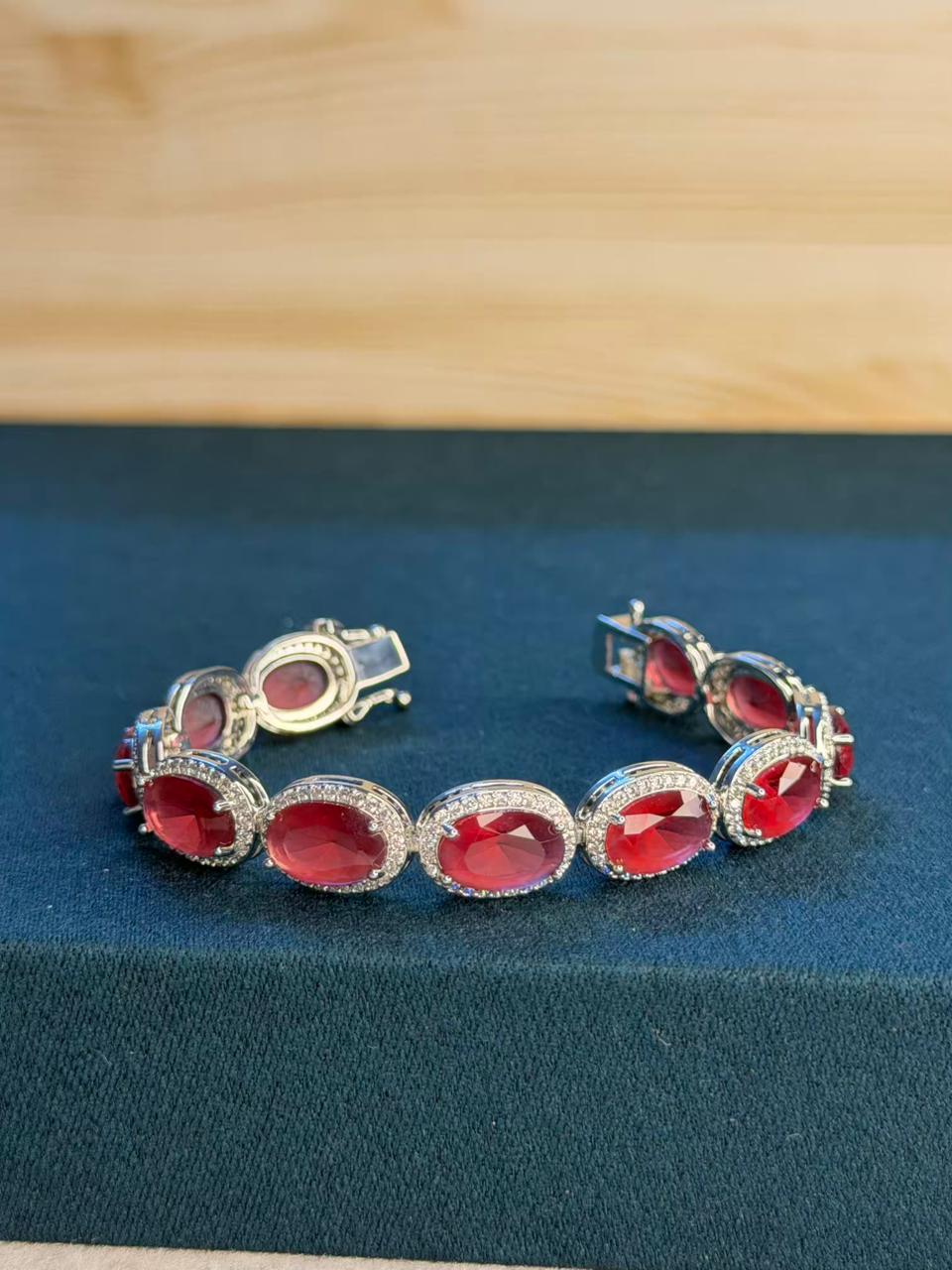 Flat Oval Red Ruby Doublet Silver Plated Tennis Bracelet