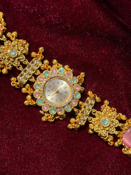 Pink Blue Premium Gold Rajwadi Gold Plated Heritage Maharani Watch