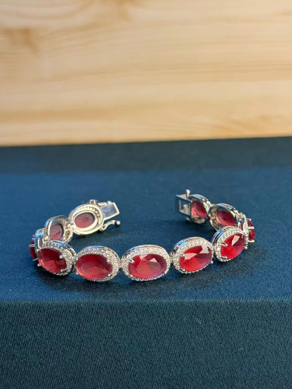 Flat Oval Red Ruby Doublet Silver Plated Tennis Bracelet