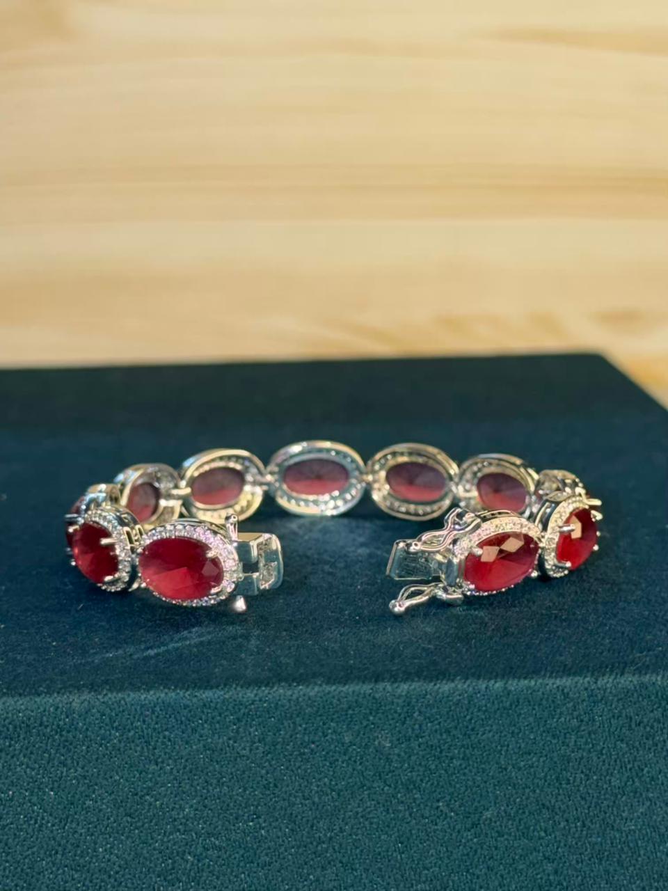 Flat Oval Red Ruby Doublet Silver Plated Tennis Bracelet