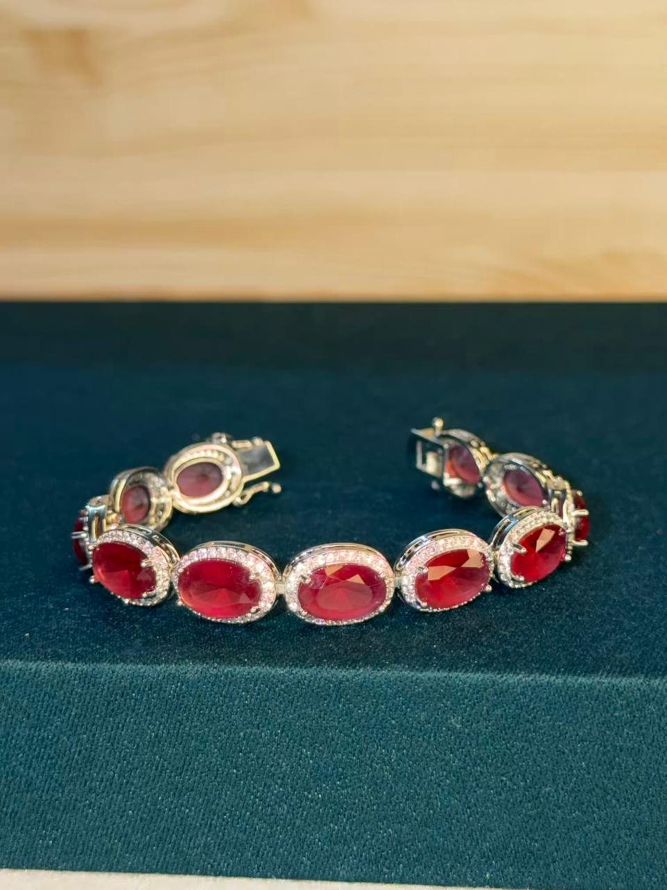 Flat Oval Red Ruby Doublet Silver Plated Tennis Bracelet