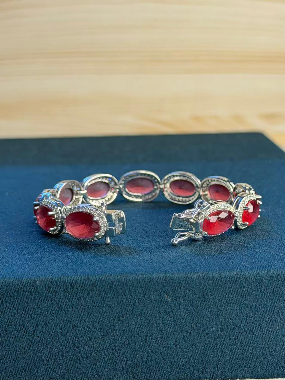 Flat Oval Red Ruby Doublet Silver Plated Tennis Bracelet