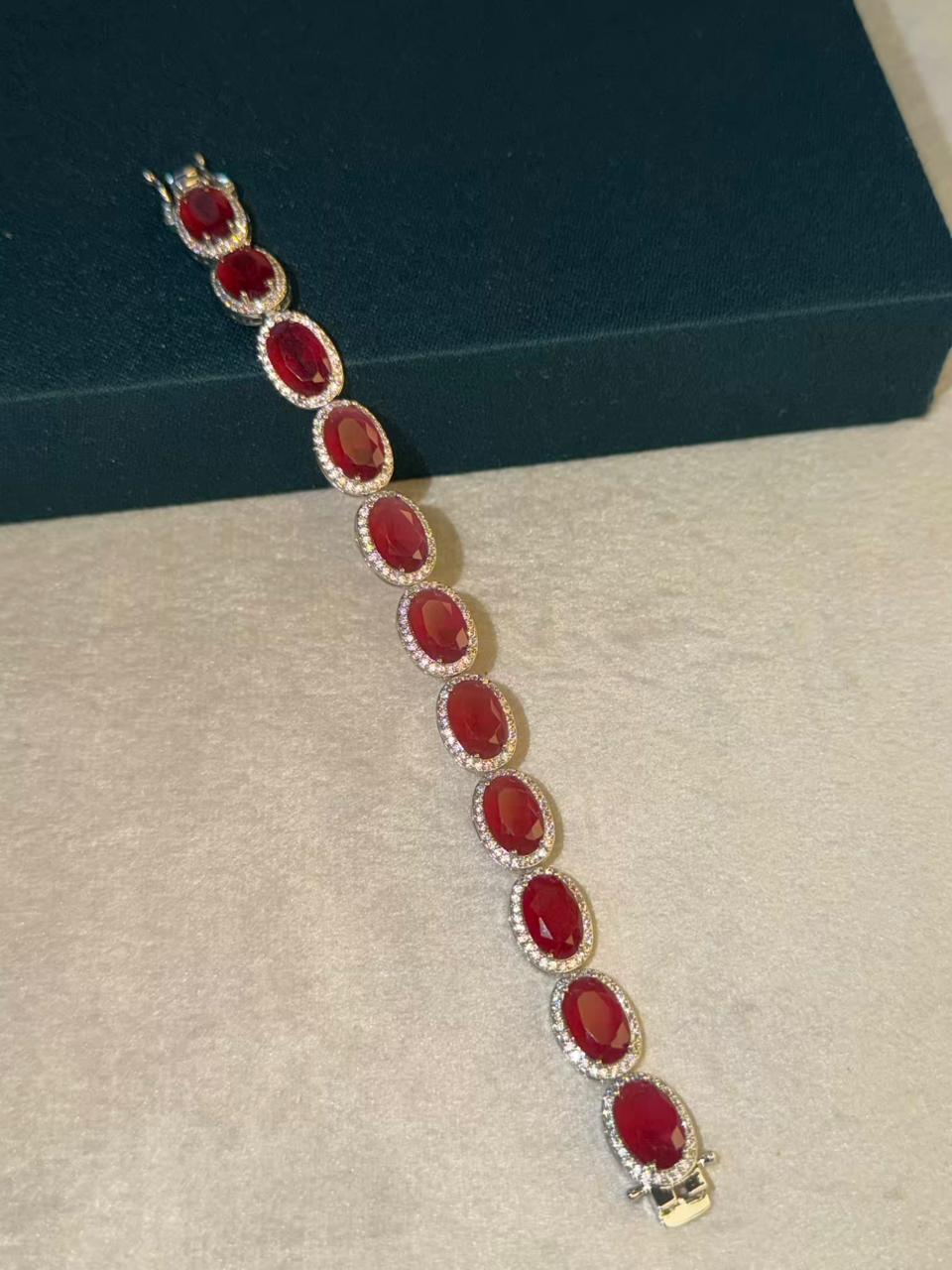 Flat Oval Red Ruby Doublet Silver Plated Tennis Bracelet