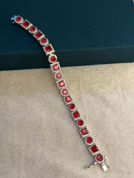 Square Round Shaped Red Ruby Doublet Silver Plated Tennis Bracelet
