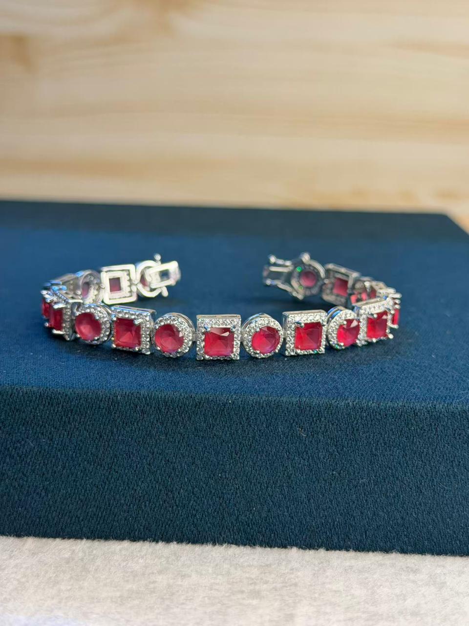Square Round Shaped Red Ruby Doublet Silver Plated Tennis Bracelet
