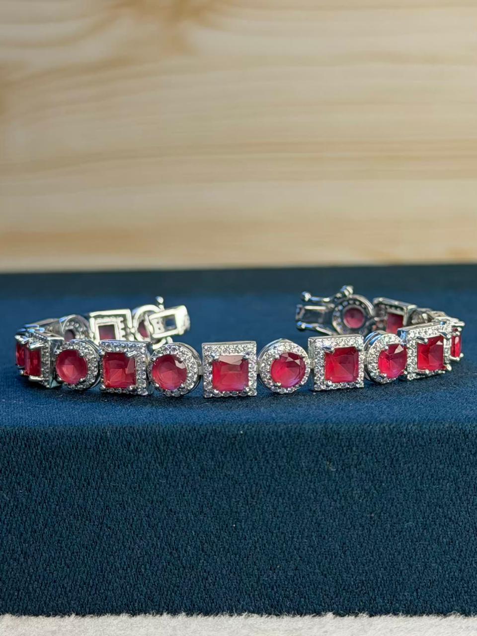 Square Round Shaped Red Ruby Doublet Silver Plated Tennis Bracelet