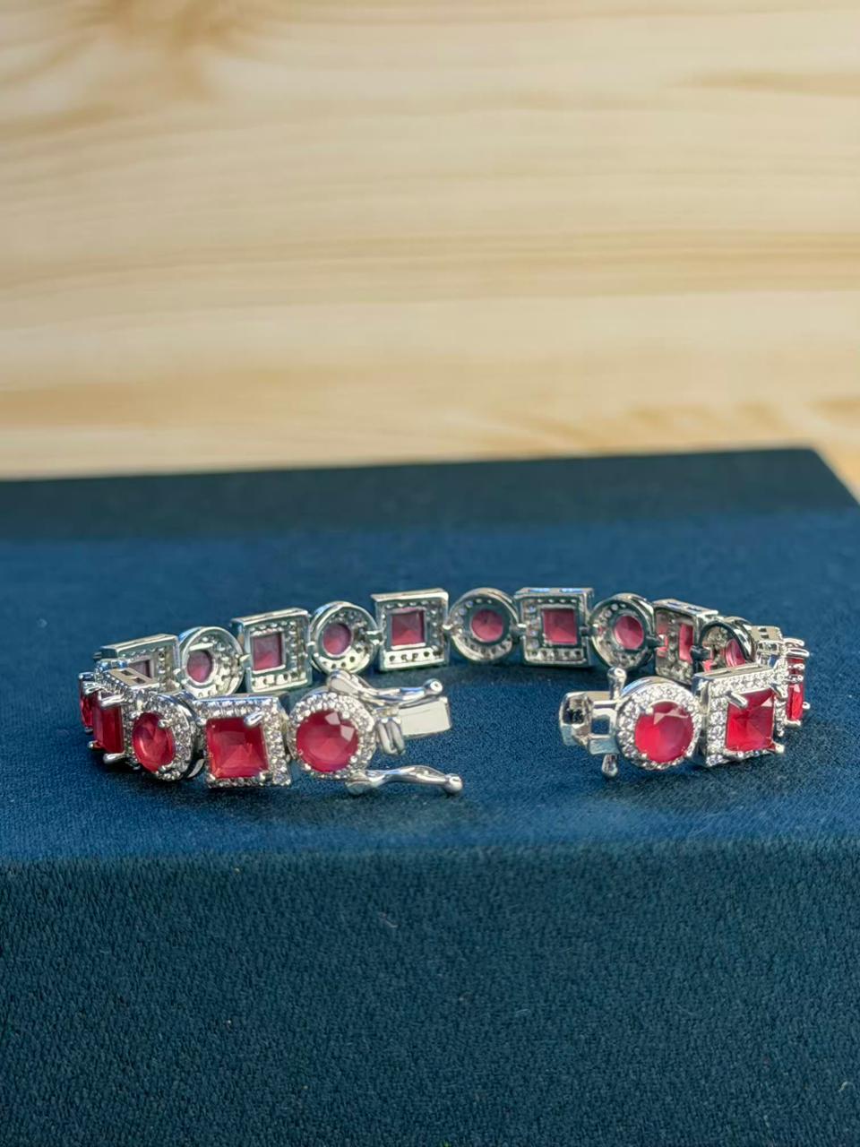 Square Round Shaped Red Ruby Doublet Silver Plated Tennis Bracelet