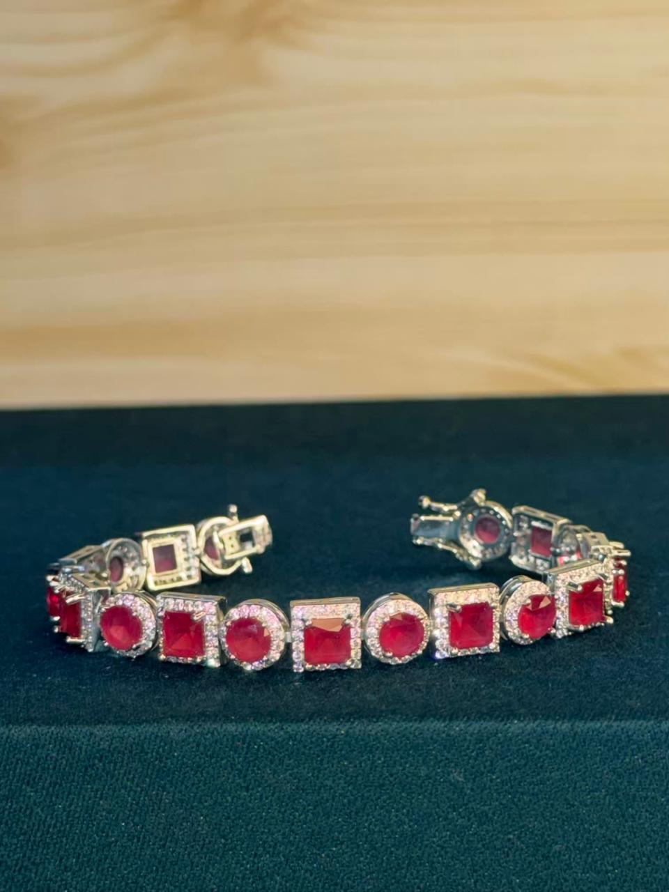 Square Round Shaped Red Ruby Doublet Silver Plated Tennis Bracelet