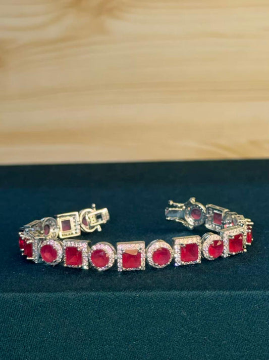 Square Round Shaped Red Ruby Doublet Silver Plated Tennis Bracelet