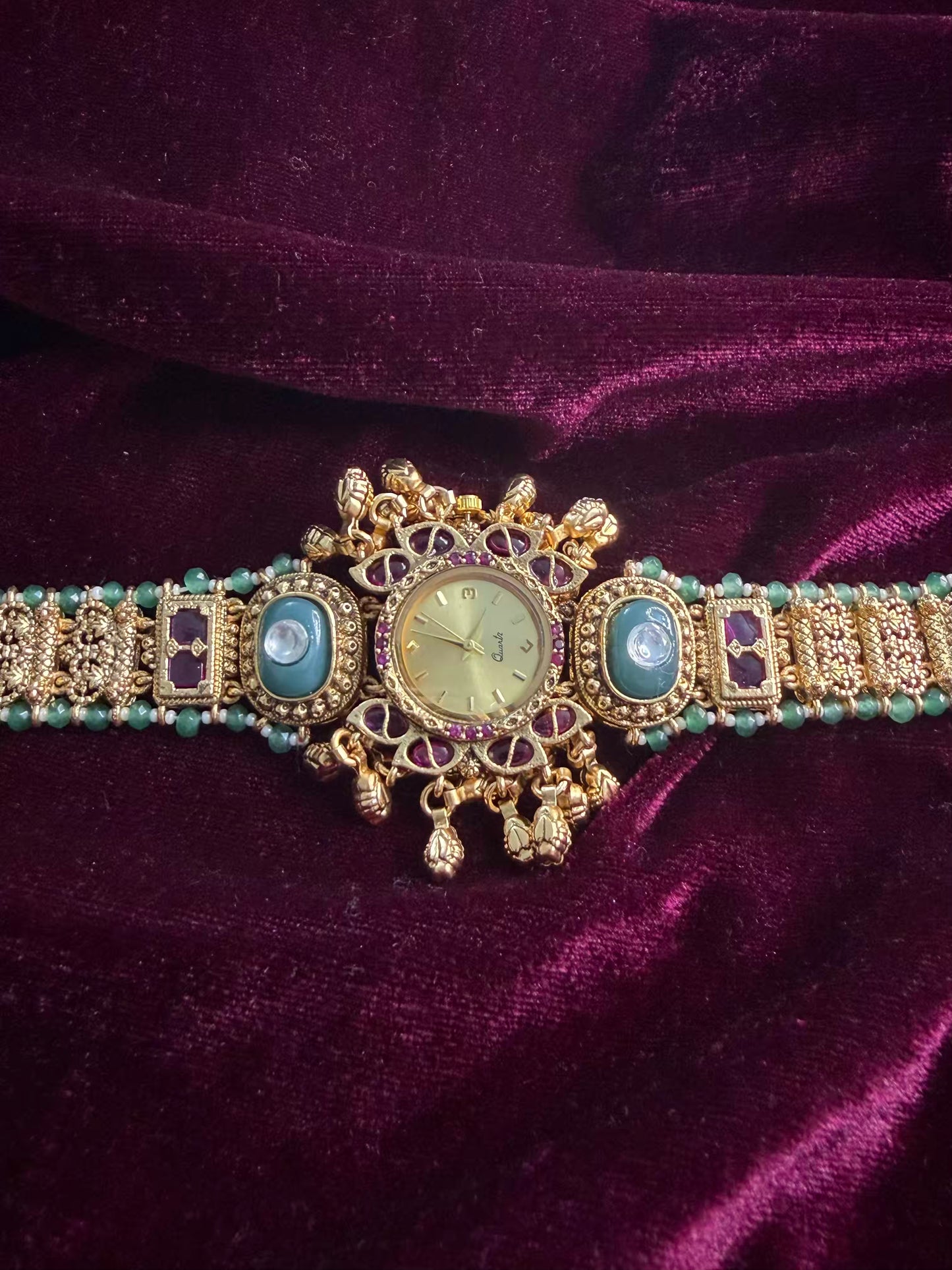 Queen Temple Motif Ruby Kundan Gold Plated Heritage Maharani Watch