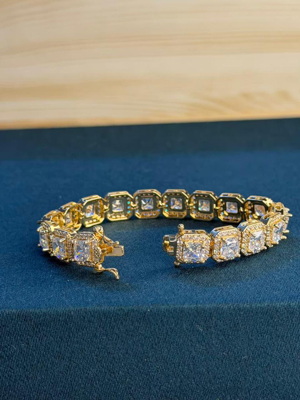 White Square Shape Sequence Stones Gold Plated Tennis Bracelet