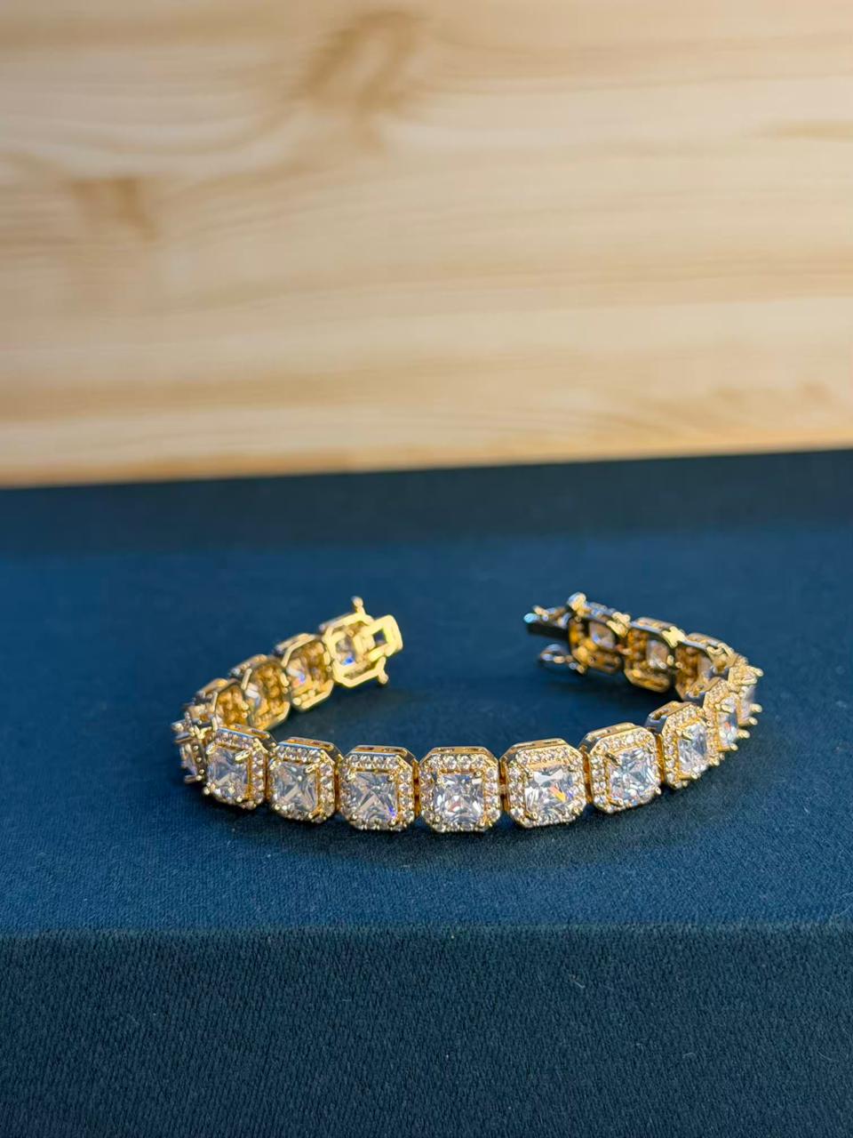 White Square Shape Sequence Stones Gold Plated Tennis Bracelet