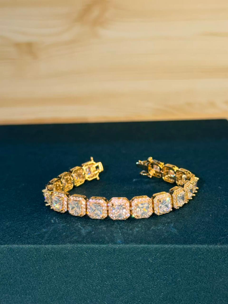 White Square Shape Sequence Stones Gold Plated Tennis Bracelet