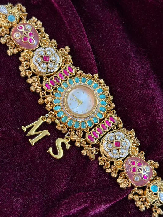 Rose Pink Premium Kundan Heritage Maharani Watch Design Bracelet (1pc only left )