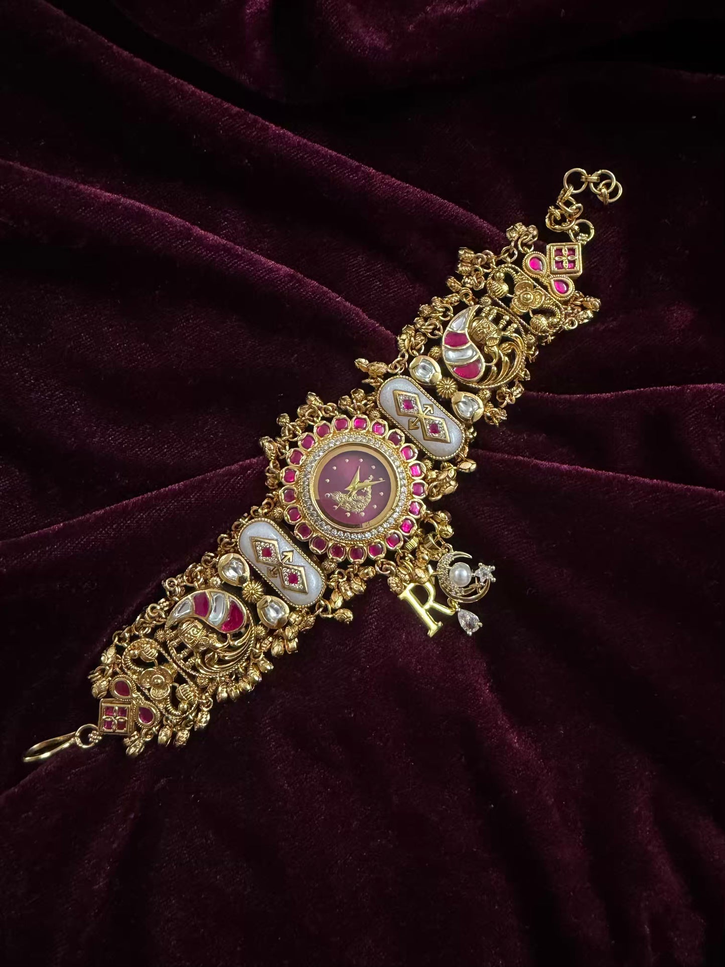 Burgundy Peacock Dial Maharani Watch Heritage Bracelet ( Add your initial FREE )