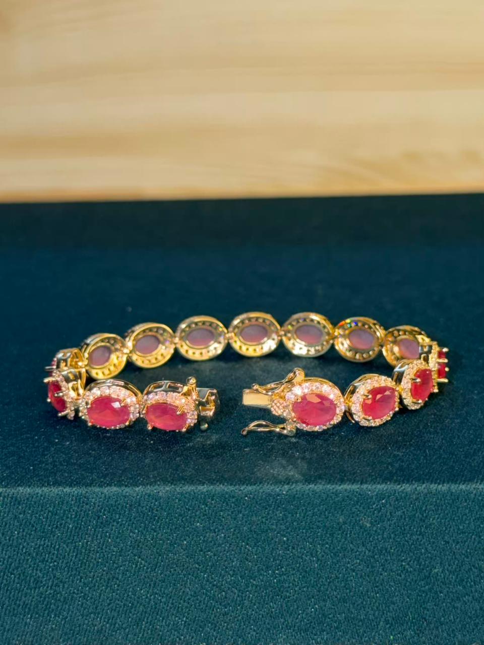 Round Oval Red Ruby Doublet Gold Plated Tennis Bracelet