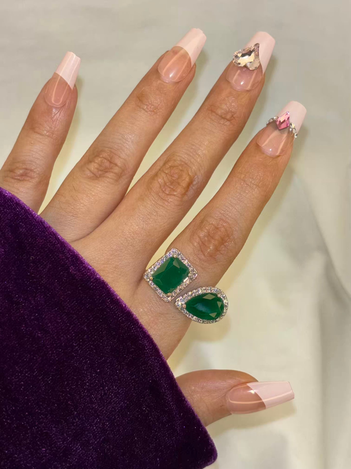 Emerald Green Dual Stone Ring - Adjustable