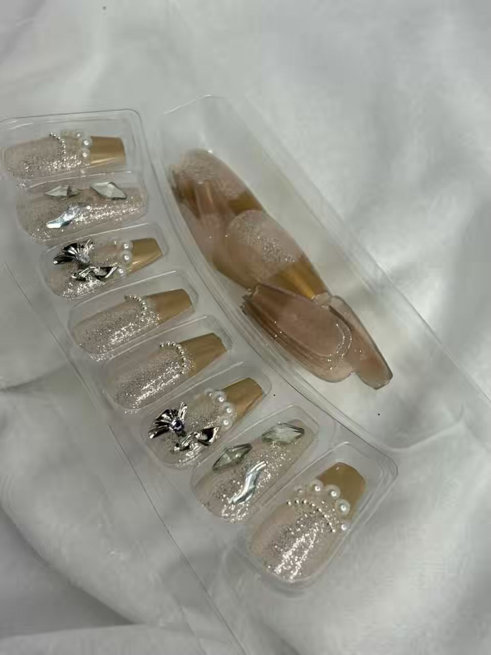 Gold Transparent French Shimmery Fancy Party Bridal Press On Nails ( Set of 24 )