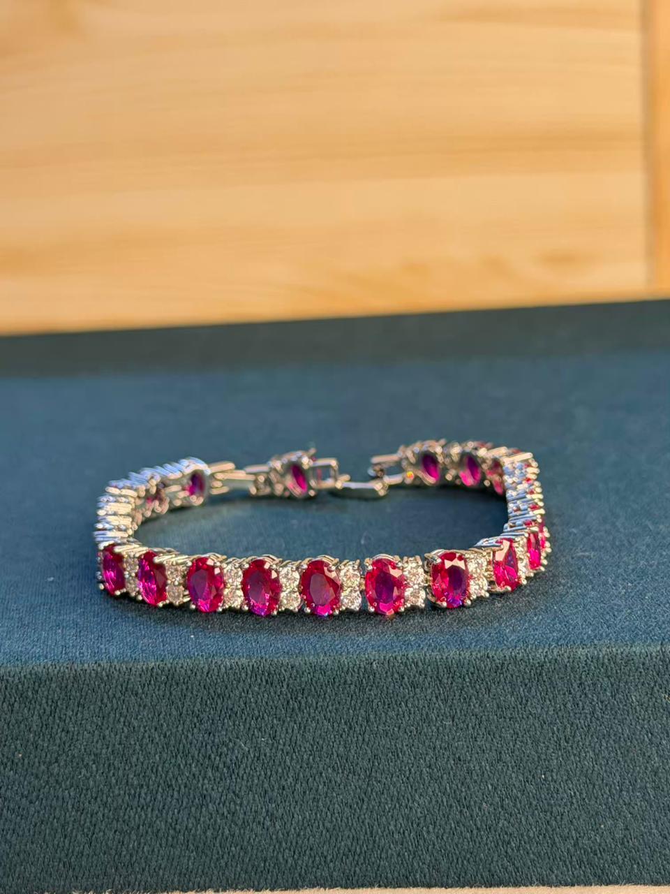 Oval Shape Red Ruby Gold Plated Tennis Bracelet