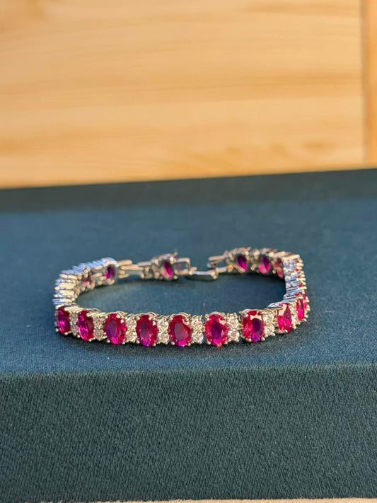 Oval Shape Red Ruby Gold Plated Tennis Bracelet