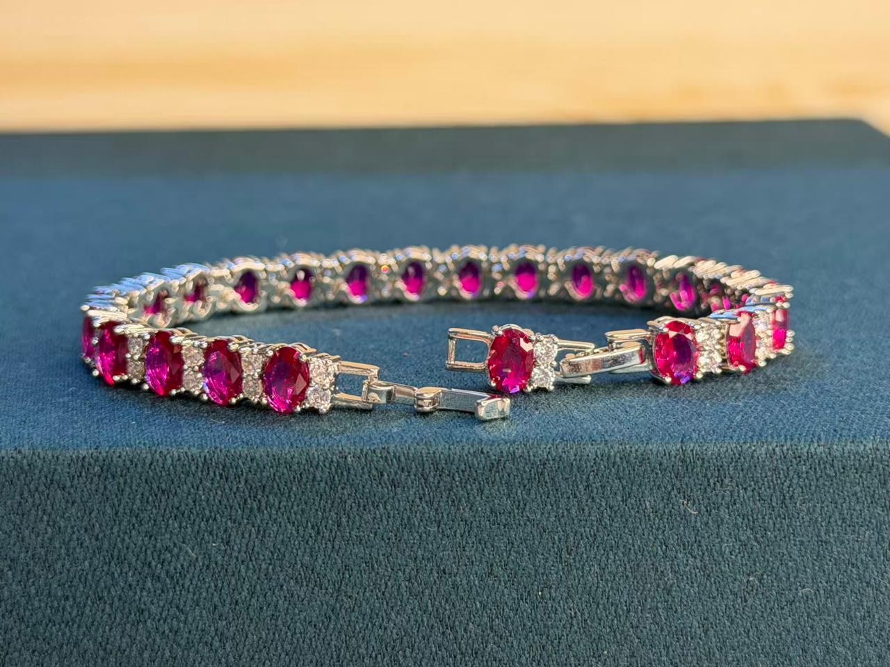 Oval Shape Red Ruby Gold Plated Tennis Bracelet
