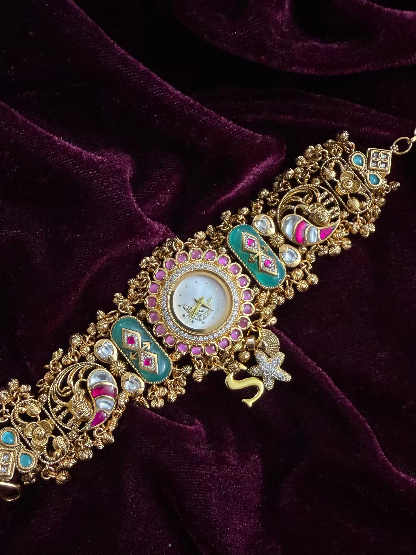 Pink Butterfly Peacock Dial Maharani Watch Heritage Bracelet ( Add your initial FREE )