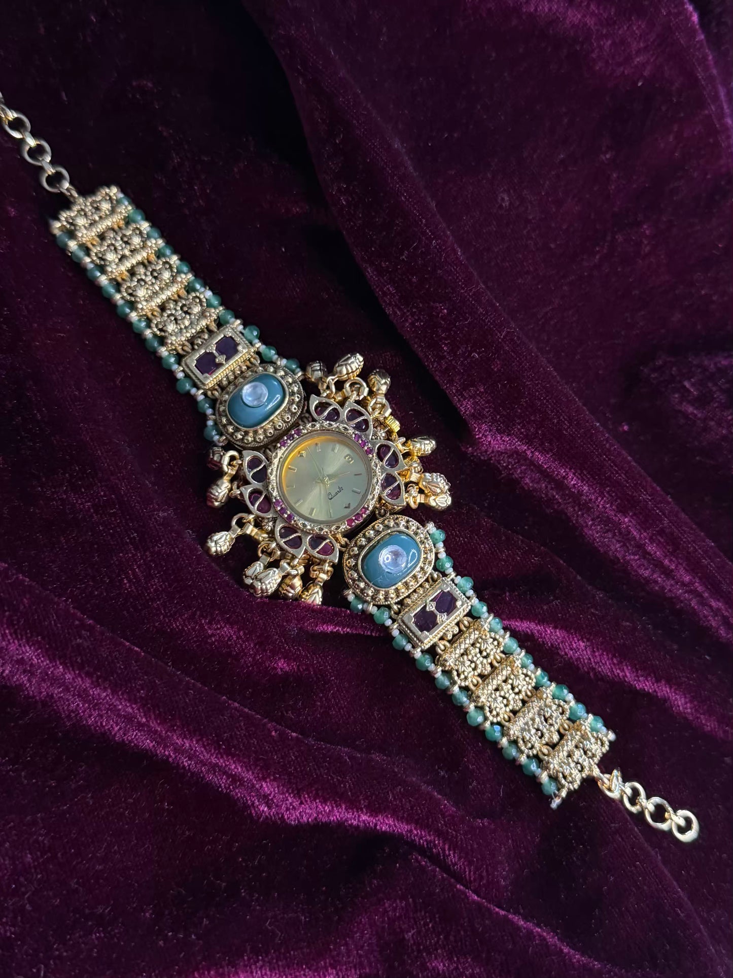 Queen Temple Motif Ruby Kundan Gold Plated Heritage Maharani Watch