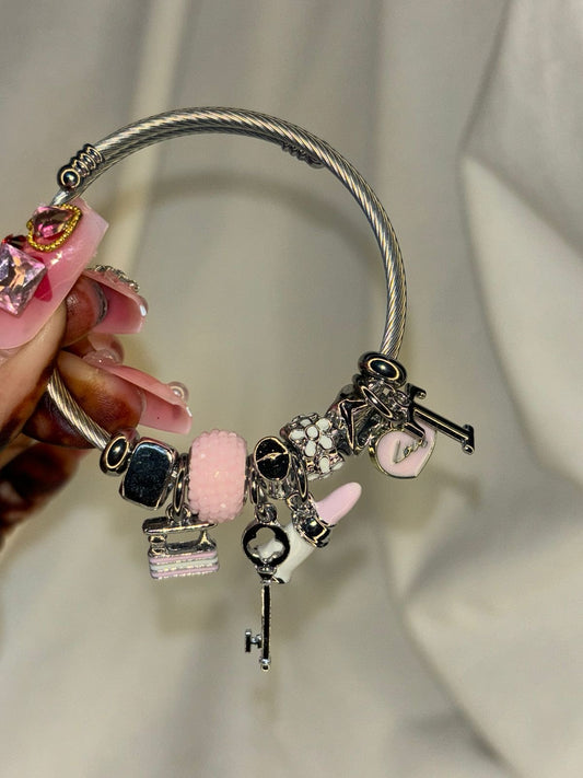 Pandora Style Black Pink Lipstick Purse Charms Bracelet With Customised Initial ( Silver)