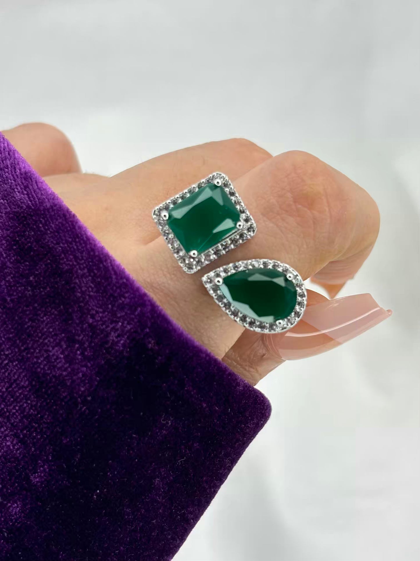 Emerald Green Dual Stone Ring - Adjustable
