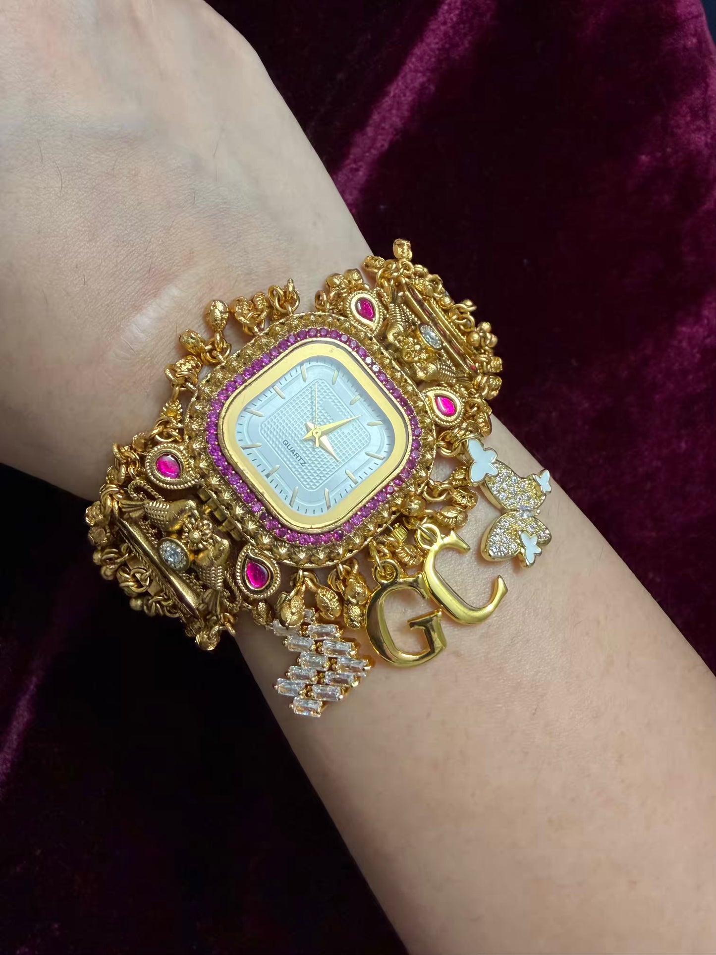 Square Dial Maharani Watch Heritage Bracelet with Butterfly and Heart  Charms