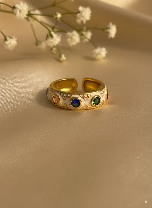 White Colourful Gold Plated Premium Ring (Adjustable)