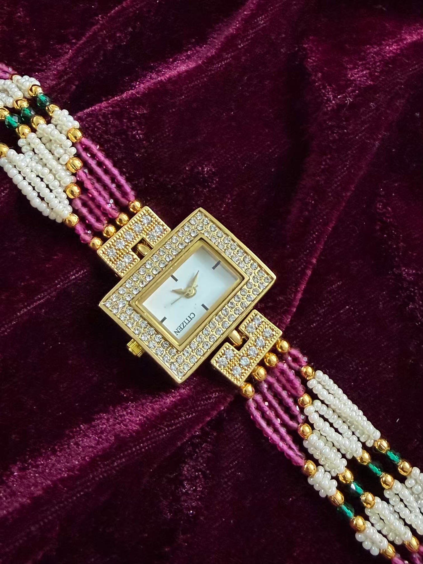 Square Dial Pink Gold Maharani Watch Design Heritage Bracelet